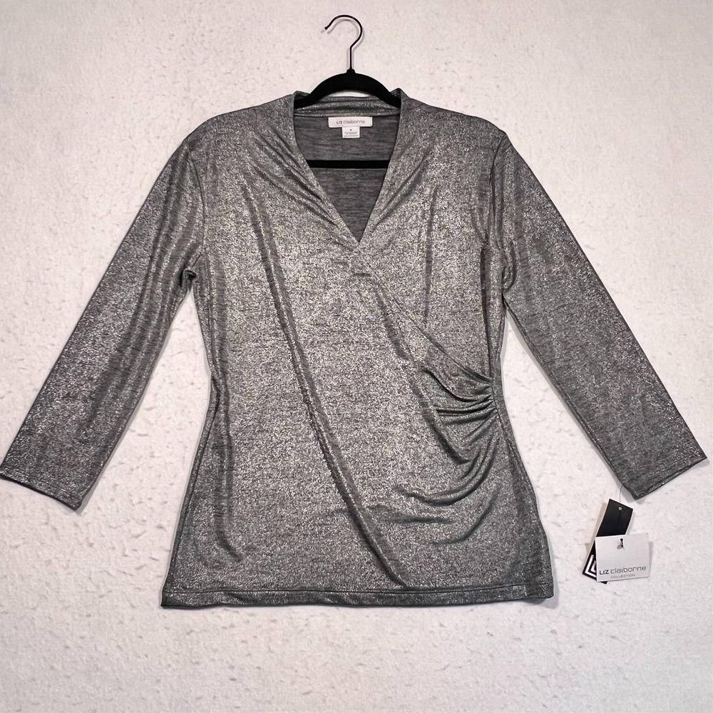 Liz Claiborne Top Blouse Silver Metallic Faux Wrap Rucched 3/4 Sleeve Size M NWT